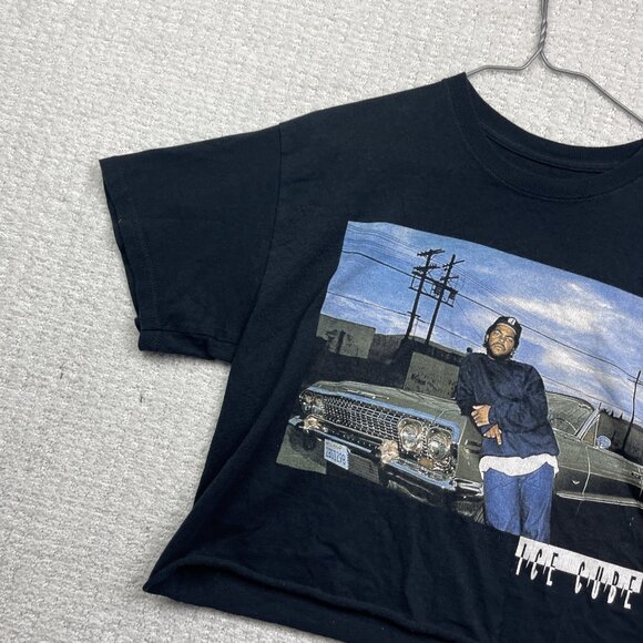 90s Style Ice Cube Graphic Crop Top T-Shirt Wom Sz M Black Distressed Hip Hop - Picture 2 of 12